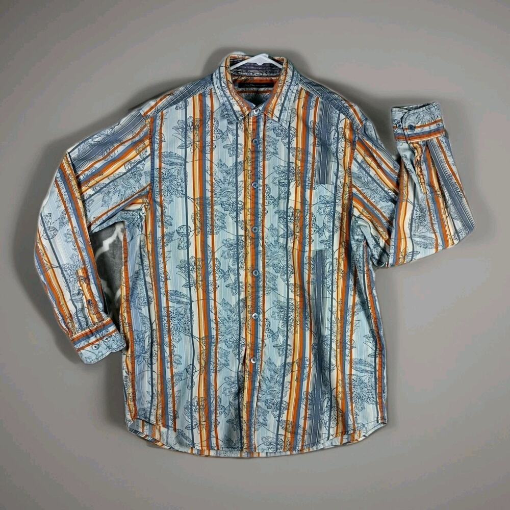 Indigo Palms Tommy Bahama Resort Shirt Men Size Large Blue Stripe Tropical